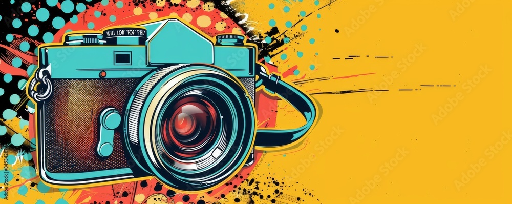 Fototapeta premium Vibrant pop art illustration of a retro camera on a dynamic adventure-themed background