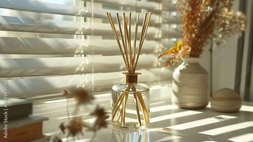 Fototapeta premium Sunlit Diffuser and Dry Flowers on Windowsill