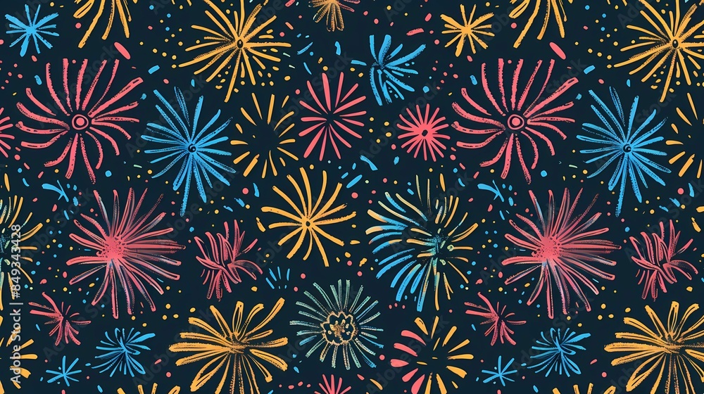 A drawn doodle fireworks, seamless pattern, great for textiles, wrapping, banner, wallpapers, Generative AI illustrations. A drawn doodle fireworks, seamless pattern, great for textiles, wrapping, banner, wallpapers, Generative AI illustrations.