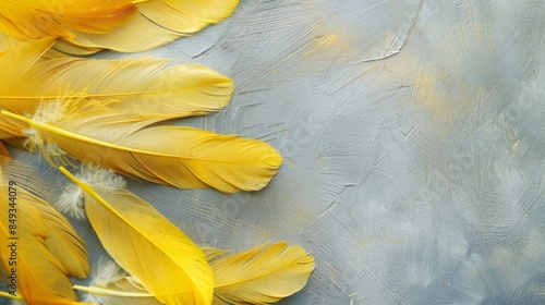 Golden Yellow Feathers on Abstract Gray Artwork