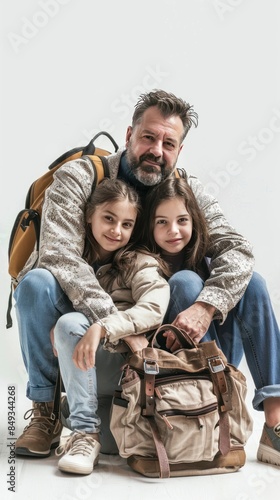 Parents and girls travel in casual clothes, carry bags, lounge.