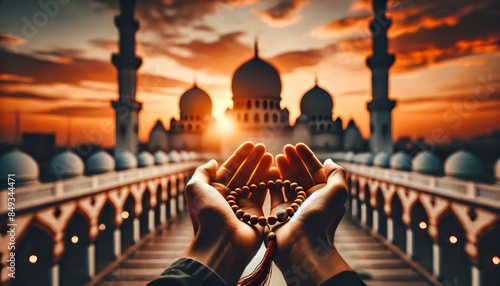 Hands Holding Prayer Beads at Sunset Mosque photo