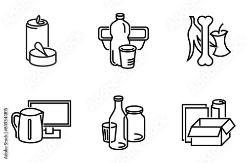 Waste sorting stickers set in bold line