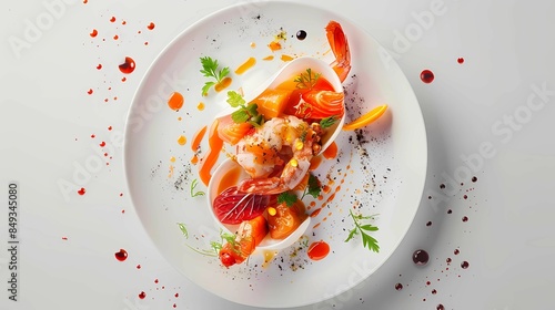 A sea food on michelin dish floating in air, drop, floating elements, top angle view, white studio background, Generative AI illustrations.	