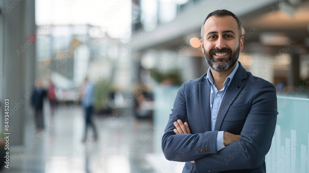 Professional male with a friendly smile standing in a modern office space Professional male with a friendly smile standing in a modern office space
