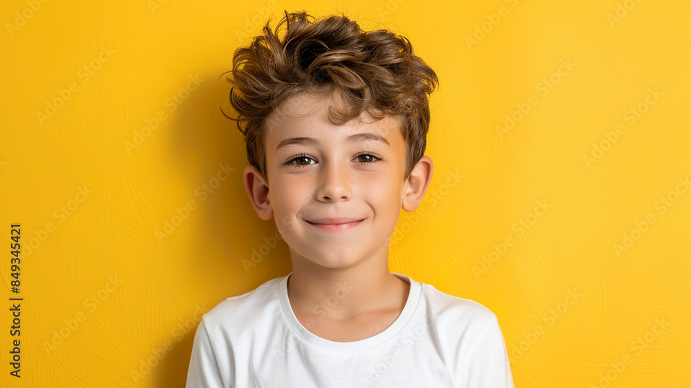 male child wearing a blank white t-shirt at yellow background. male child wearing a blank white t-shirt at yellow background.