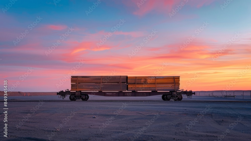 Fototapeta premium Solitary freight car carrying oversized cargo at dusk with vibrant sunset sky