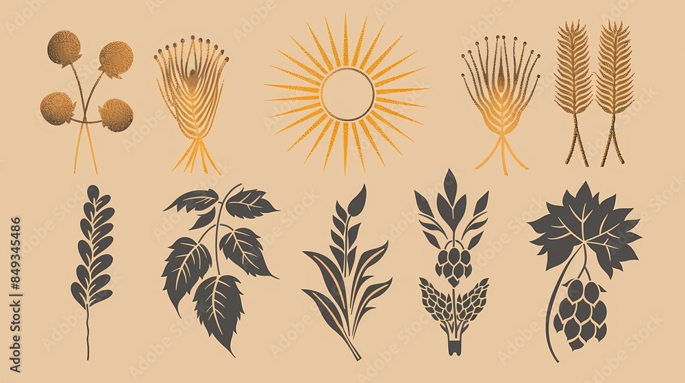 Icon draw elements of a sun, wheat, barley, hops, Generative AI illustrations. Icon draw elements of a sun, wheat, barley, hops, Generative AI illustrations.