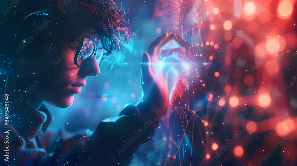 A person with glasses try to touching object for experiences of metaverse virtual world futuristic tone, Generative AI illustrations. A person with glasses try to touching object for experiences of metaverse virtual world futuristic tone, Generative AI illustrations.