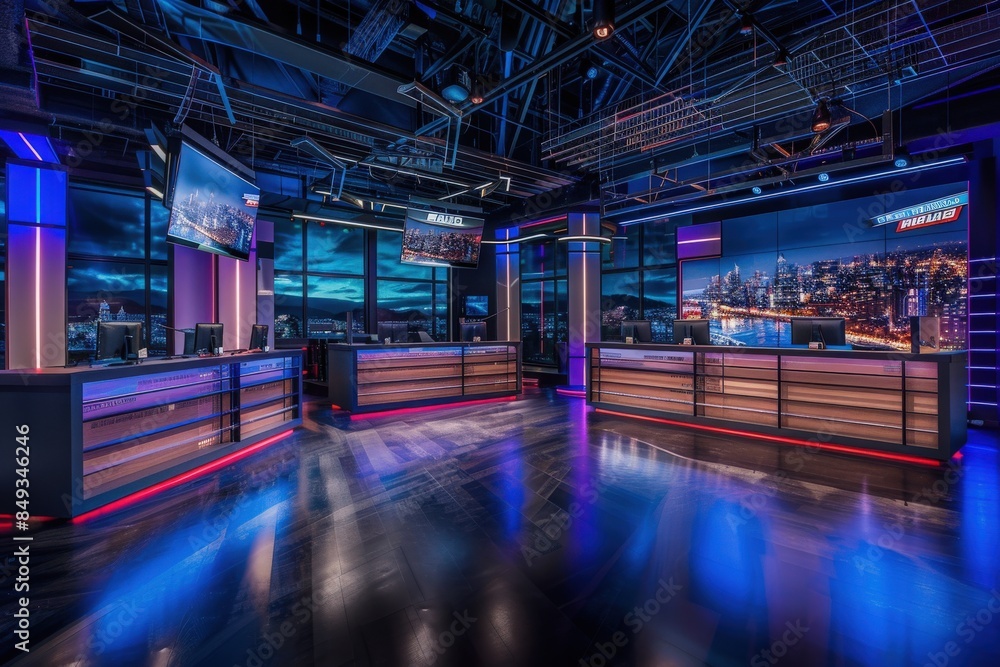 A sleek and modern news studio setup background, featuring polished desks, professional lighting, and large screens displaying breaking news graphics, creating an authoritative and immersive environme A sleek and modern news studio setup background, featuring polished desks, professional lighting, and large screens displaying breaking news graphics, creating an authoritative and immersive environme
