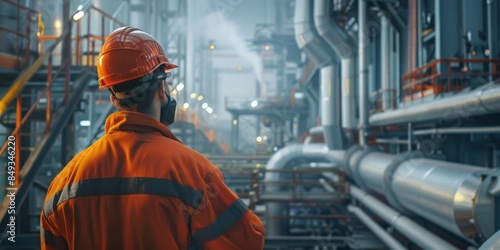 A scene depicting a supervisor overseeing workers at a district heating plant, ensuring efficient operations and the smooth functioning of the facility