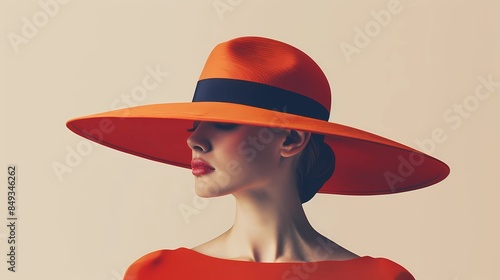 A front view of a woman modeling wearing red wide brimmed hat to cover everything except mouth and downward, Generative AI illustrations.