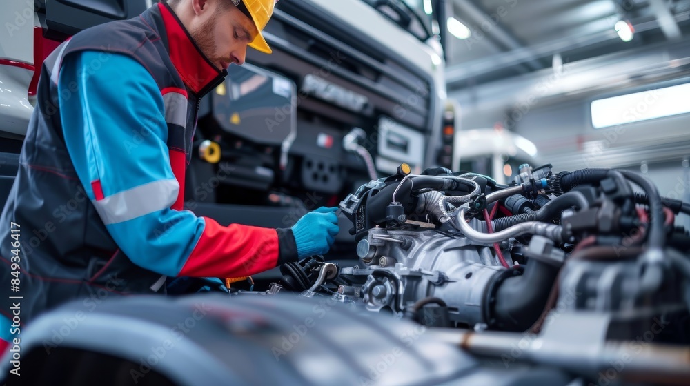 Mechanic working on a modern fuel-efficient truck engine in a workshop Mechanic working on a modern fuel-efficient truck engine in a workshop