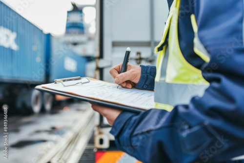 Logistics professional taking inventory at shipping yard with clipboard