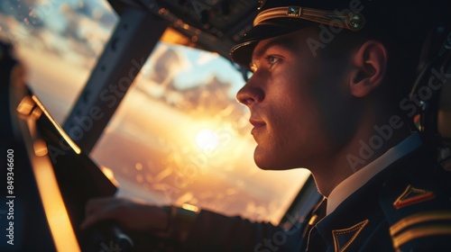 Confident pilot in uniform piloting aircraft at sunset photo