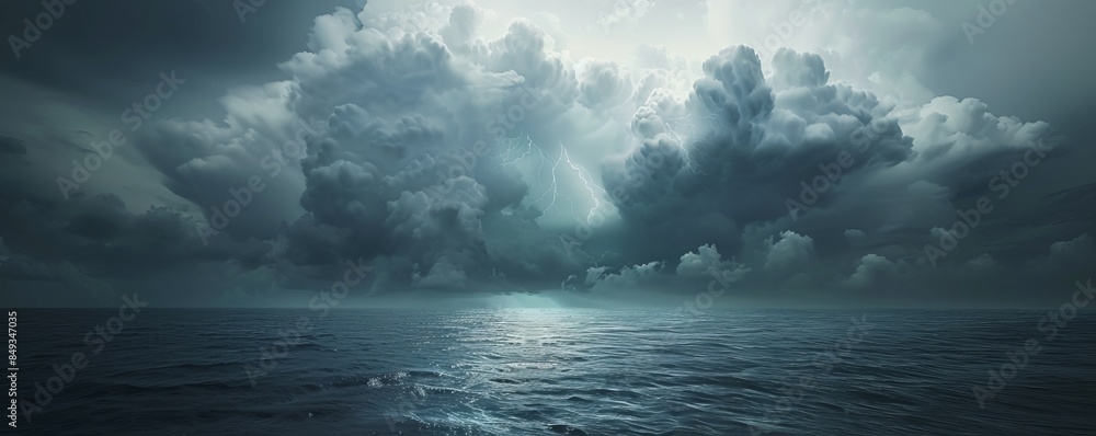 Obraz premium Dramatic thunderstorm brewing over a dark ocean, 4K hyperrealistic photo
