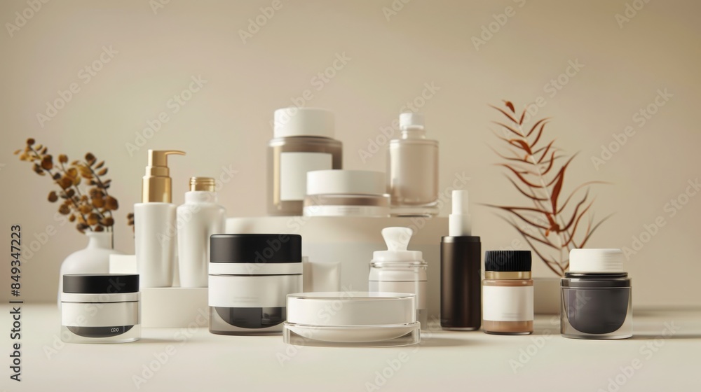 Cosmetic skincare and makeup containers depicted without labels, allowing for a versatile and customizable aesthetic suitable for various branding needs Cosmetic skincare and makeup containers depicted without labels, allowing for a versatile and customizable aesthetic suitable for various branding needs
