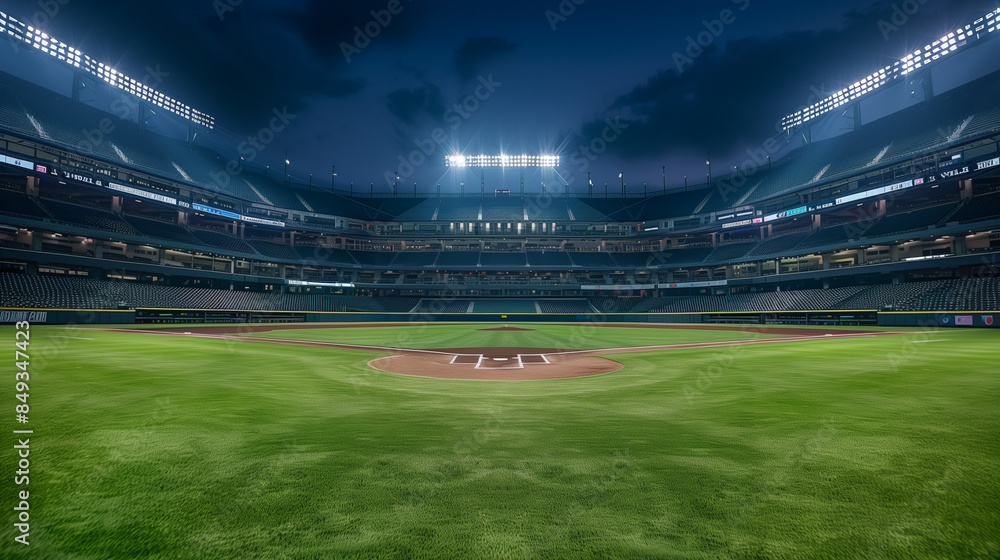 Empty Baseball Stadium at Night with Bright Lights Empty Baseball Stadium at Night with Bright Lights