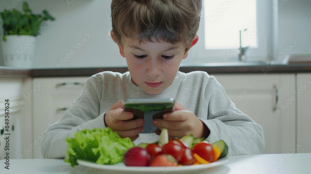 Child with smartphone ignoring healthy vegetables on table Child with smartphone ignoring healthy vegetables on table