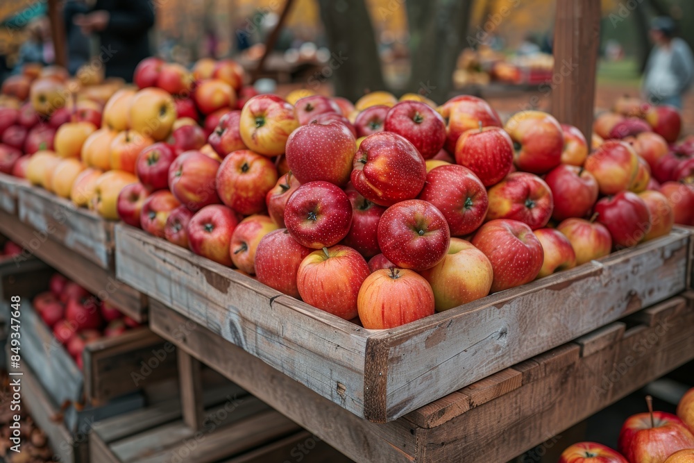 Wooden crates filled with fresh red and yellow apples on display at a local outdoor market during autumn. Wooden crates filled with fresh red and yellow apples on display at a local outdoor market during autumn.