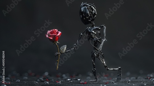 A bizarre abstract sculpture of a metallic scarecrow, which walks, carries a red rose in its hand, beautifully infected stands out by its peculiarity, eyes shine in silver, background black gray gradi photo