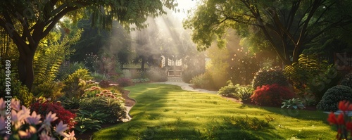 Serene garden bathed in morning light, 4K hyperrealistic photo