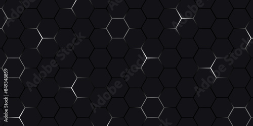 Dark gray hexagonal technology abstract vector background. white bright energy flashes under hexagon in modern futuristic technology background. Dark gray honeycomb texture grid illustration.