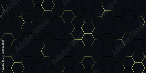 Dark gray hexagonal technology abstract vector background. Gold bright energy flashes under hexagon in modern futuristic technology background. Dark gray honeycomb texture grid illustration.