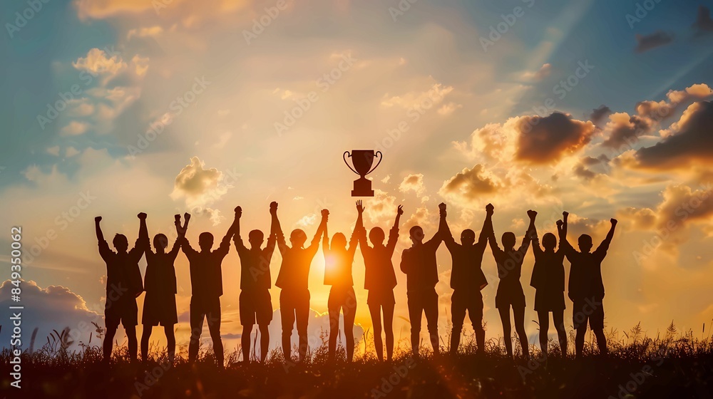 Success of teamwork, joint achievement of goal in business and life, winning team is holding trophy in hands, Generative AI illustrations. Success of teamwork, joint achievement of goal in business and life, winning team is holding trophy in hands, Generative AI illustrations.