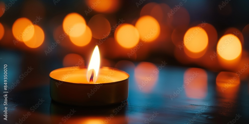 Close-up shot of a single tealight candle burning in the dark, creating a tranquil and warm atmosphere Close-up shot of a single tealight candle burning in the dark, creating a tranquil and warm atmosphere