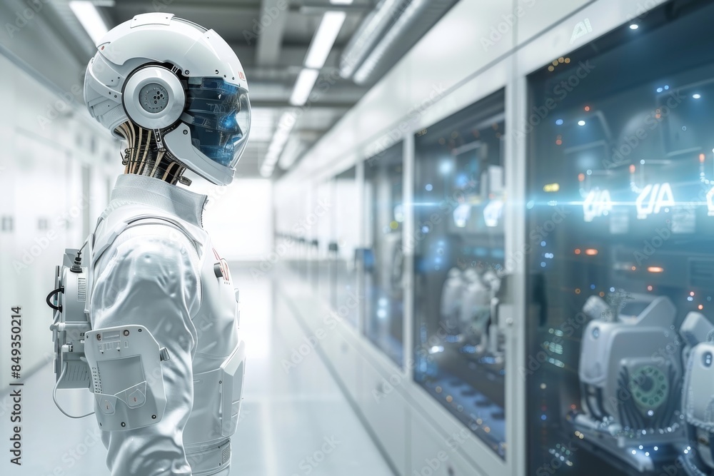 Humanoid robot head with AI brain, symbolizing the fusion of human and artificial intelligence in a high tech, futuristic design Humanoid robot head with AI brain, symbolizing the fusion of human and artificial intelligence in a high tech, futuristic design