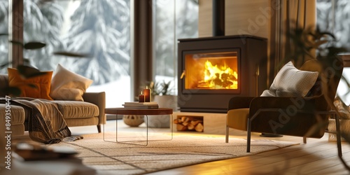 Comfortable living space with a lit fireplace during winter showing a cozy and stylish interior design photo