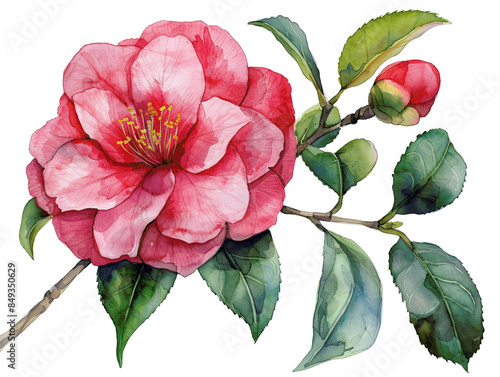 Beautiful watercolor painting of a pink camellia flower with detailed green leaves, capturing natural delicate botanical beauty in art.