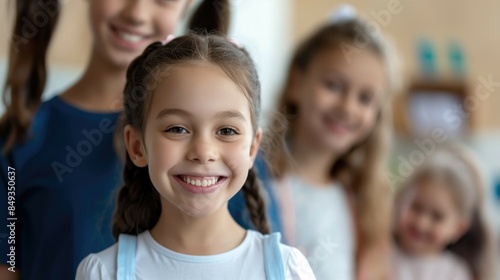 Close up photo of a cheerful smiling little elementary school child with family in pediatric clinic
