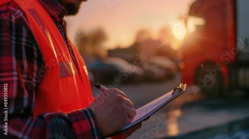 Logistics worker manager in a safety road vest writing or signing in his checklist near the truck early in the morning