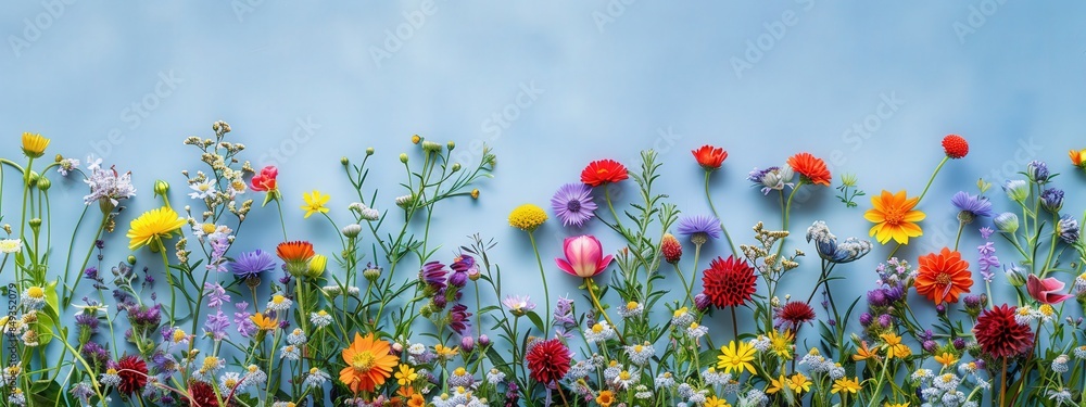 A visually striking flat lay composition featuring various types of vibrant wildflowers arranged on a blue background. The border is crafted from a colorful array of miniature blooms A visually striking flat lay composition featuring various types of vibrant wildflowers arranged on a blue background. The border is crafted from a colorful array of miniature blooms