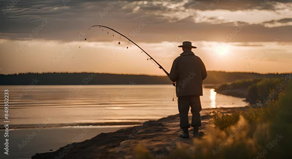 Fisherman with fishing rod on the lake. Fisherman with fishing rod on the lake.