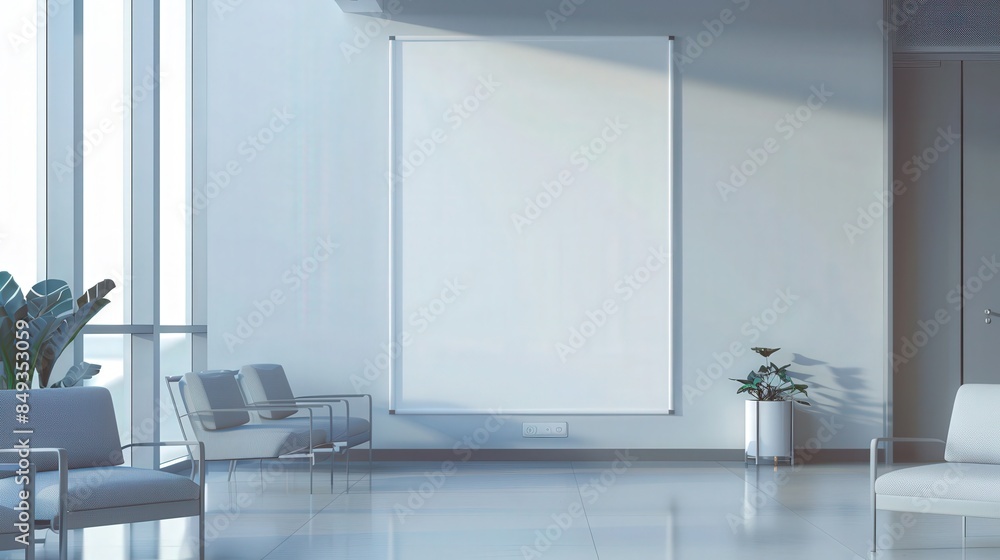 A mockup of an empty white poster on the wall in modern hospital waiting room with comfortable chairs and medical equipment. empty white blank poster on white wall in hospital, white board A mockup of an empty white poster on the wall in modern hospital waiting room with comfortable chairs and medical equipment. empty white blank poster on white wall in hospital, white board