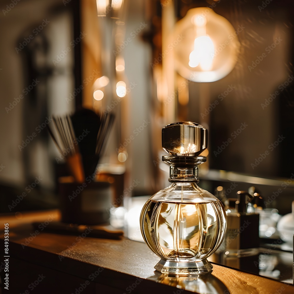Elegant Perfume Bottle on Wooden Vanity Elegant Perfume Bottle on Wooden Vanity