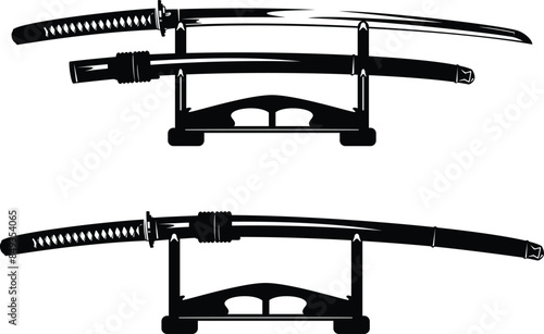 traditional japanese katana blade put on special stand for display - sheathed and unsheathed samurai sword with scabbard  black and white vector design set
