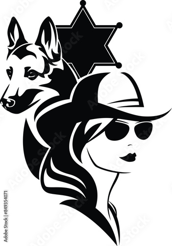 woman dog trainer wearing sunglasses and cowboy hat with german shepherd dog - beautiful sheriff girl with badge and her pet vector portrait