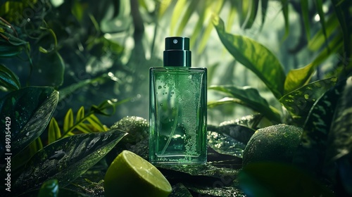 Fototapeta Naklejka Na Ścianę i Meble -  Green perfume bottle in lush jungle setting
