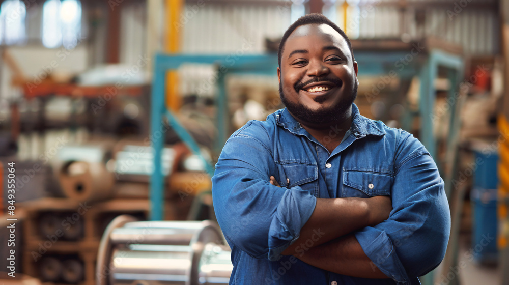 Happy male employee with crossed arms in a manufacturing workshop setting Happy male employee with crossed arms in a manufacturing workshop setting