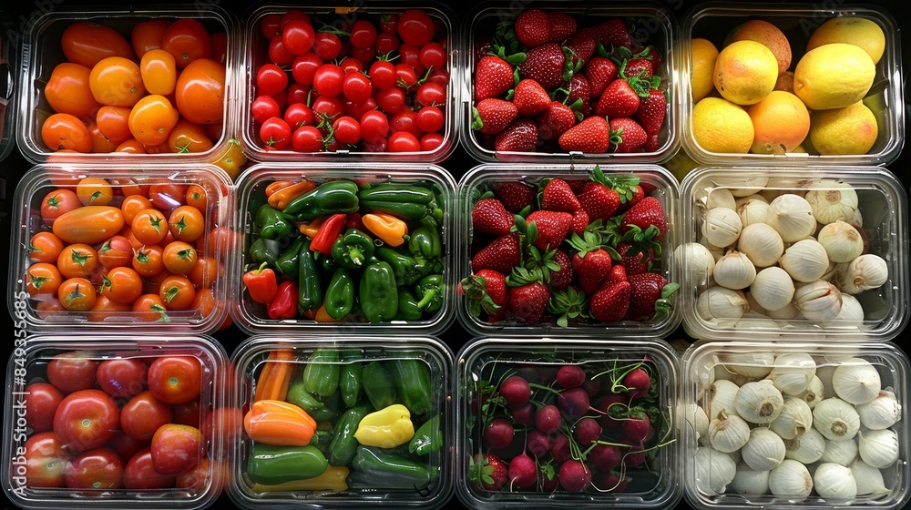 Assortment of fresh and healthy fruits and vegetables beautifully arranged on a supermarket shelf Assortment of fresh and healthy fruits and vegetables beautifully arranged on a supermarket shelf