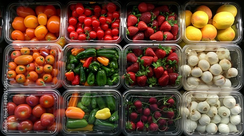 Assortment of fresh and healthy fruits and vegetables beautifully arranged on a supermarket shelf © Elena