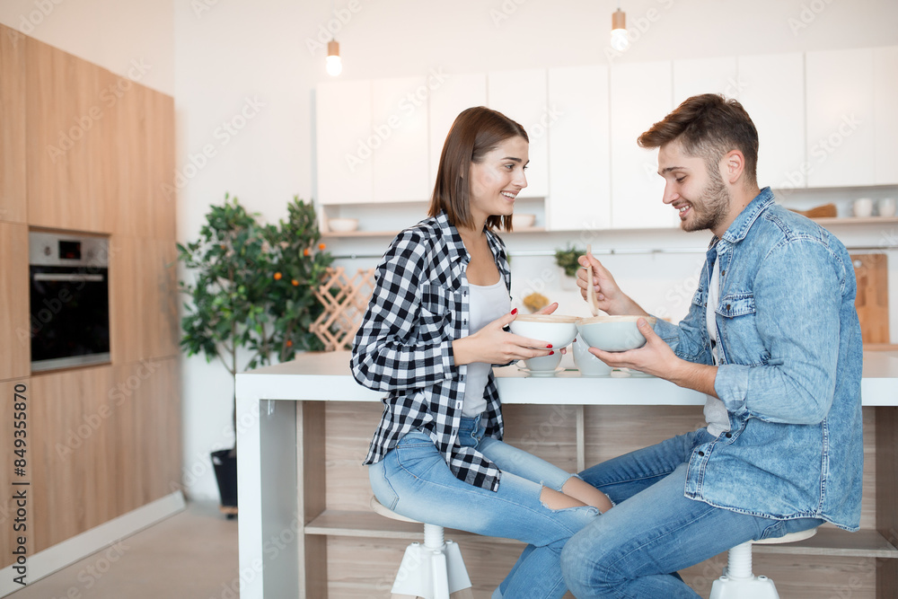 custom made wallpaper toronto digitalyoung happy man and woman in kitchen, breakfast, couple together in morning