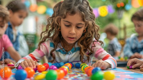 A Middle Eastern girl focused on playing with colorful educational toys at a school setting with other children around.