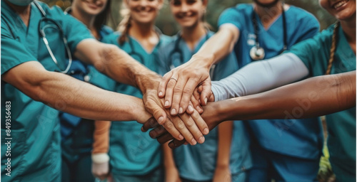 Diverse healthcare team with Caucasian, African American, and Hispanic members stacking hands in a gesture of unity and teamwork.