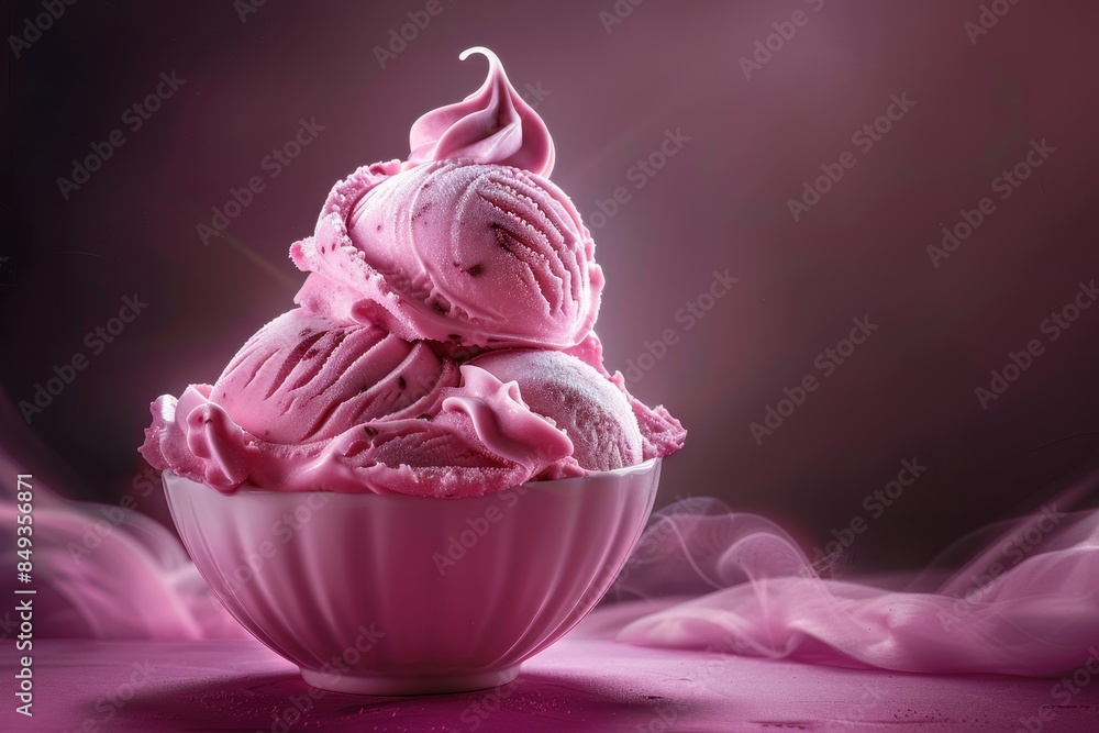 Pink Ice Cream Scoops in Bowl with Smoke Pink Ice Cream Scoops in Bowl with Smoke