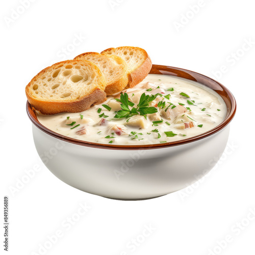 Bowl Of Clam chowder soup Isolated on Transparent Background, Png, Cut Out. photo